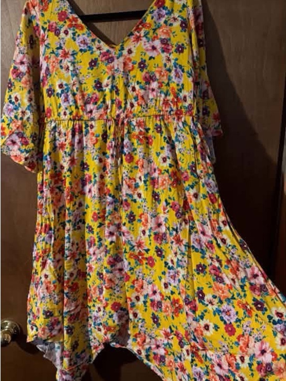 Yellow Floral Asymmetrical V-Neck Swing Dress
